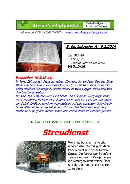 PREDIGT -- 5. Sonntag im Jahreskreis A --- 9.2.2014