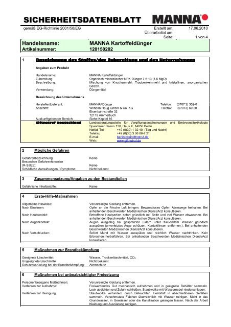 Sicherheitsdatenblatt MANNA KartoffeldÃƒÂ¼nger - Schneckenprofi