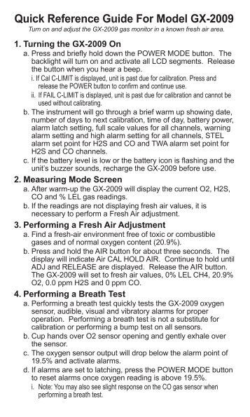 Quick Reference Guide For Model GX-2009 - RKI Instruments