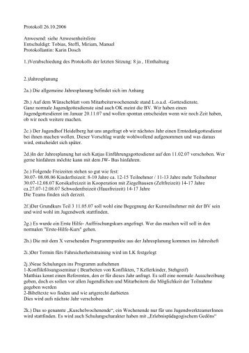 Protokoll 26.10.2006 Anwesend: siehe Anwesenheitsliste ...