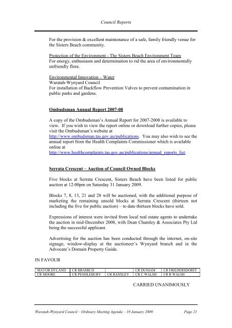 Council Minutes 19 January 2009 - Waratah-Wynyard Council