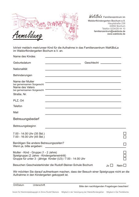 Anmeldeformular 2013 - Waldorfkindergarten Bochum e.V.