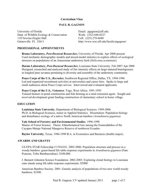 curriculum vitae - Wildlife Ecology and Conservation - University of ...