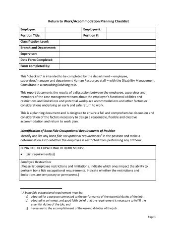 Work/Accommodation Planning Checklist