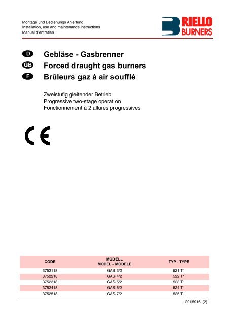 Gasbrenner Forced draught gas burners BrÃƒÂ»leurs ... - Riello Burners