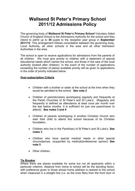 Wallsend St Peter S Primary School 2011 12 Admissions Policy