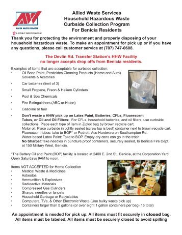 Disposal of Household Hazardous Waste for Benicia Residents