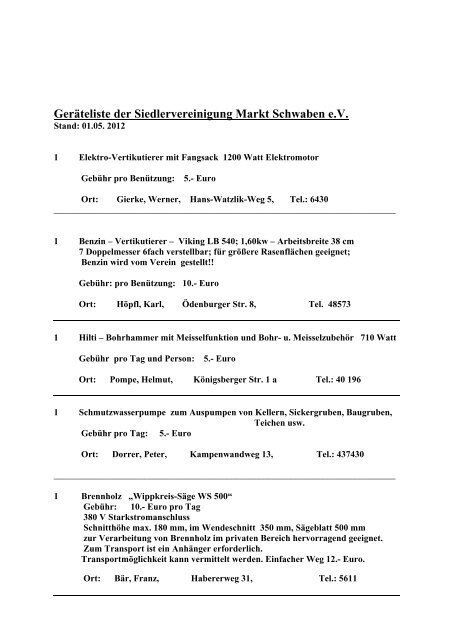 Geräteliste Der Siedlervereinigung Markt Schwaben Ev