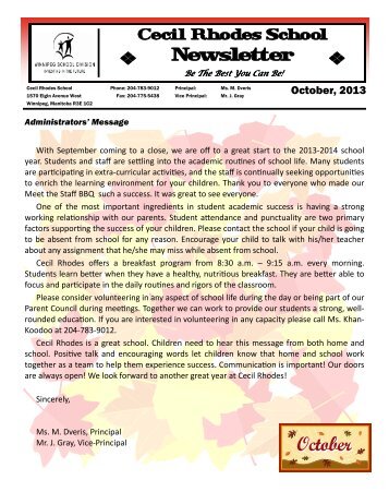 Cecil Rhodes Newsletter October 2013 - Winnipeg School Division