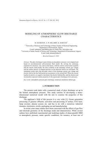 modeling of atmospheric glow discharge characteristics - Romanian ...