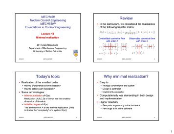 Review Today's topic Why minimal realization? - UBC Mechanical ...