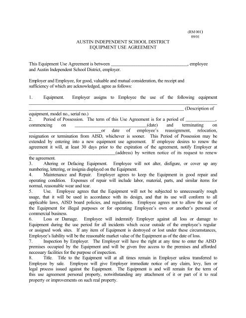 EQUIPMENT USE AGREEMENT 2001