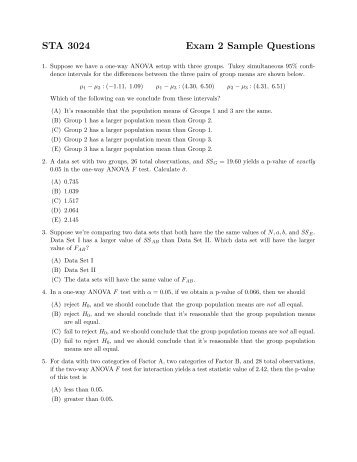 STA 3024 Exam 2 Sample Questions