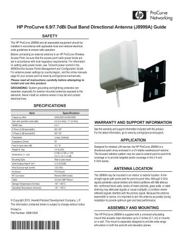 HP ProCurve 6.9/7.7dBi Dual Band Directional Antenna (J8999A ...