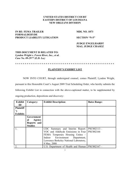 fema trailer mdl no. 1873 formaldehyde p - US District Court ...