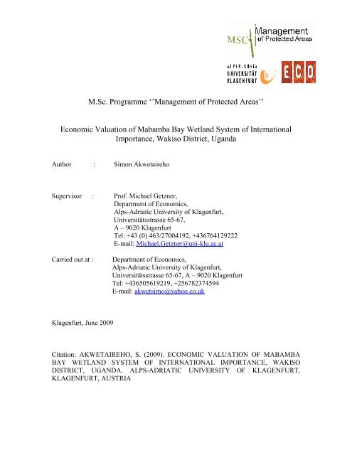 Economic Valuation Of Mabamba Bay Wetland System Of