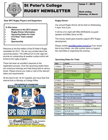 St Peter's College RUGBY NEWSLETTER