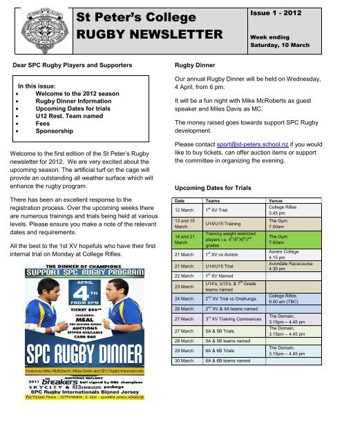 St Peter's College RUGBY NEWSLETTER