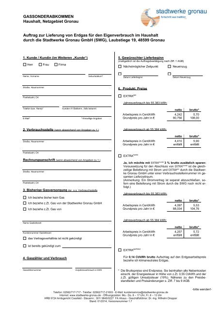 Vertragsformular EXTRA gas /EXTRA kombi /EXTRA gasgreen fÃ¼r ...