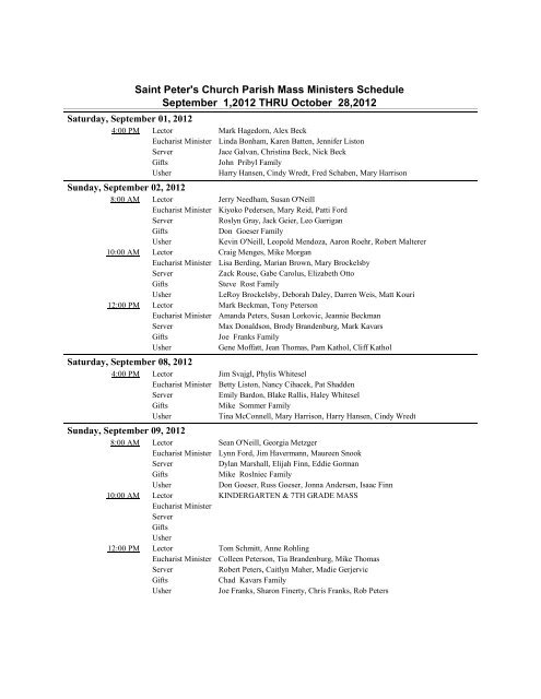 September / October 2012 Schedule - Saint Peters Catholic Church