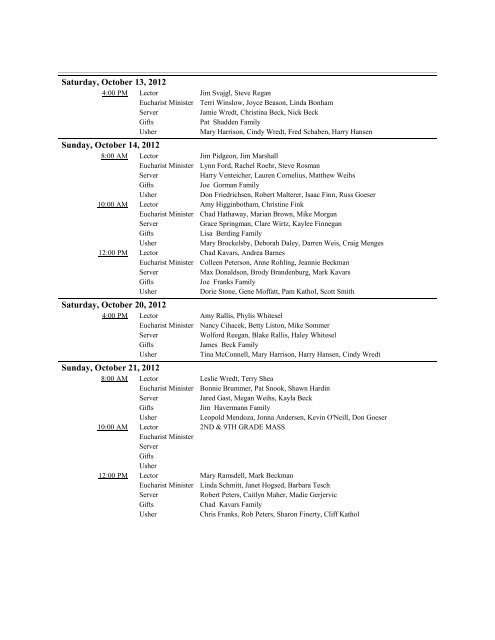 September / October 2012 Schedule - Saint Peters Catholic Church