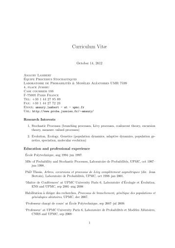 CV - Laboratoire de ProbabilitÃ©s et ModÃ¨les AlÃ©atoires