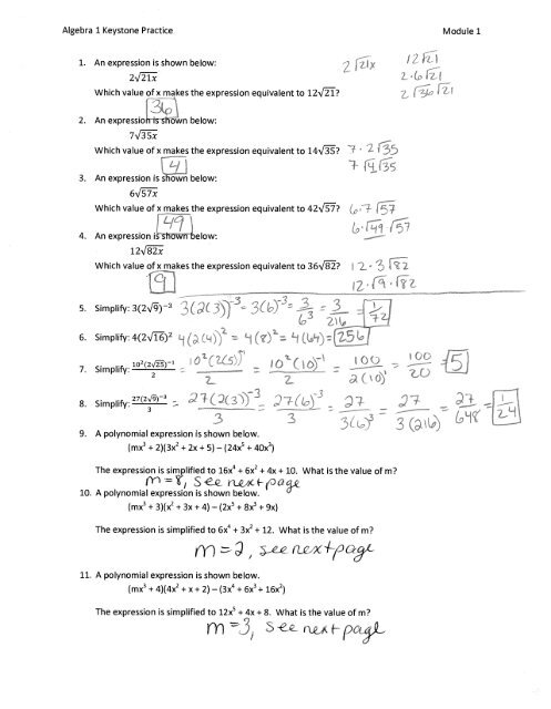Algebra 1 Mod 1 Practice Answer