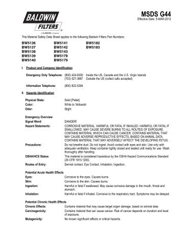 MSDS G44 - Baldwin Filters