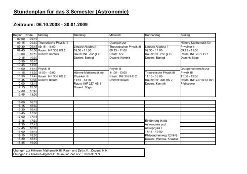 Stundenplan fÃ¼r das 3.Semester (Astronomie) Zeitraum: 06.10.2008