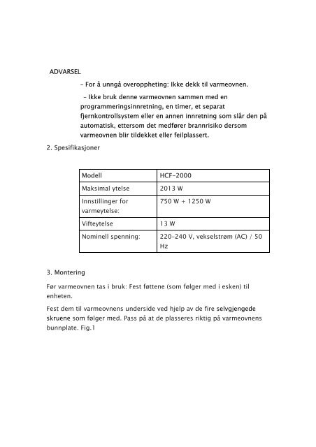 HCF-2000 Convection heater with fan BRUKSANVISNING ... - Wilfa