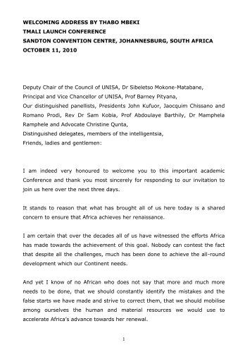 Opening remarks by patron of TMALI - Mr Thabo Mbeki