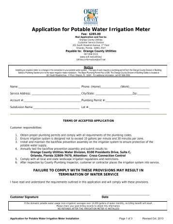 Application for Potable Water Irrigation Meter Installation, Fee ...