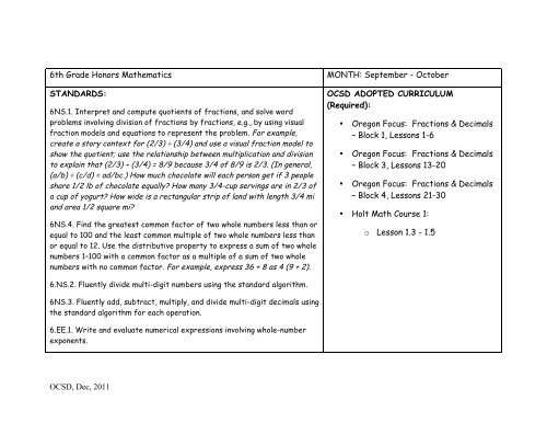 6th Grade Honors Math Curriculum Map PDF Oregon City School 