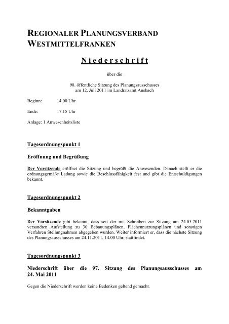 N i e d e r s c h r i f t - Regionaler Planungsverband Westmittelfranken