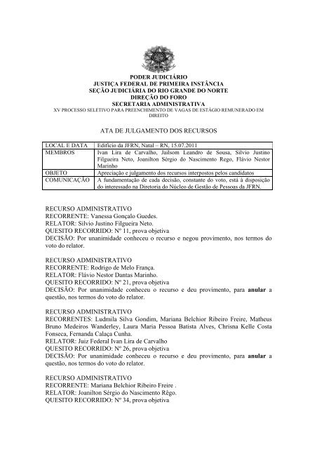 Resultado dos recursos - JustiÃ§a Federal do Rio Grande do Norte