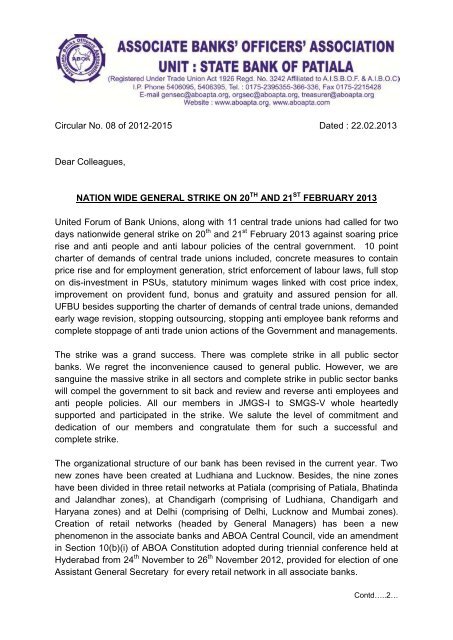Circular No. 08 of 2012-2015 Dated : 22.02.2013 Dear Colleagues ...