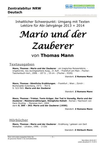 MARIO UND DER ZAUBERER von Thomas Mann - Stadtbibliothek ...