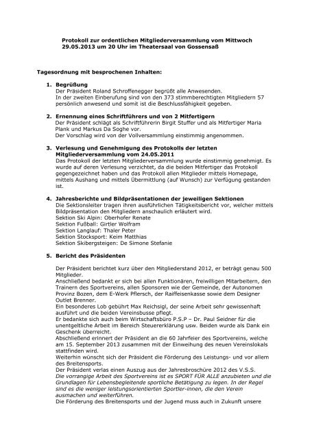 Protokoll der Mitgliederversammlung - ASV Gossensass