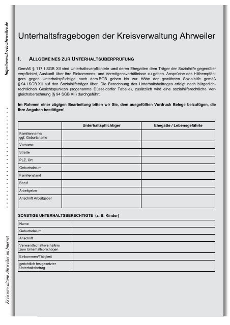 Unterhaltsfragebogen der Kreisverwaltung Ahrweiler