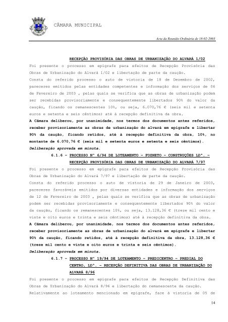 ACTA N.Ã‚Âº 004/2003 REUNIÃƒÂƒO ORDINÃƒÂRIA DE 18-02-2003