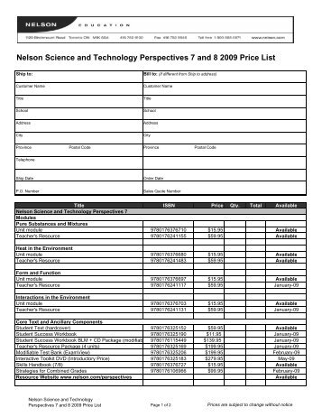 Nelson Science and Technology Perspectives 7 and 8 2009 Price List