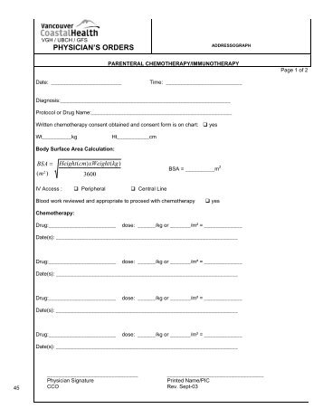 Parenteral Chemotherapy/Immunotherapy pre-printed order form