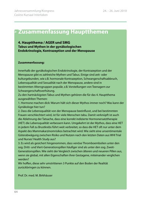 Programm 2010 - Jahreskongress gynécologie suisse, SGGG