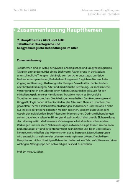 Programm 2010 - Jahreskongress gynécologie suisse, SGGG