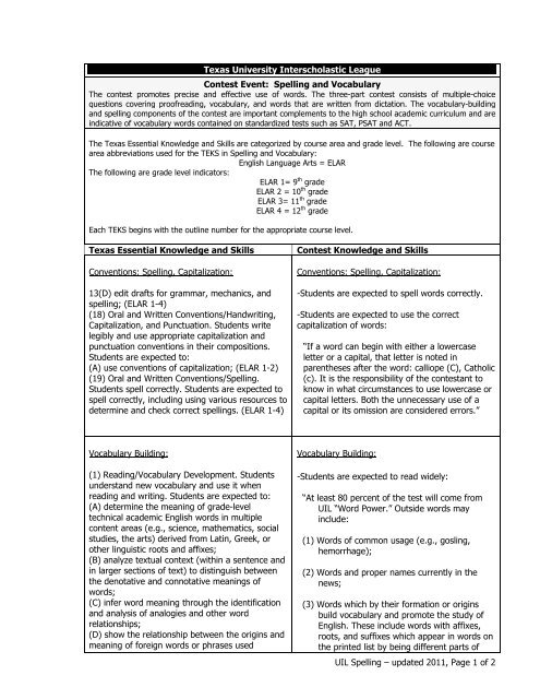 Spelling and Vocabulary - University Interscholastic League