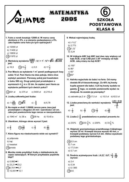 Sprawdzian Z Matematyki Do Druku Klasa 6 Olimpus