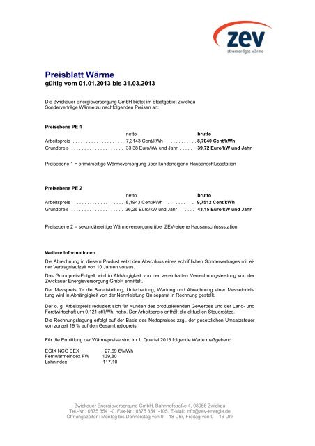 Preisblatt WÃ¤rme - ZEV Zwickauer Energieversorgung GmbH