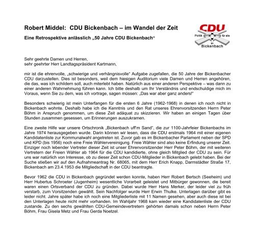 Robert Middel: CDU Bickenbach â im Wandel der Zeit