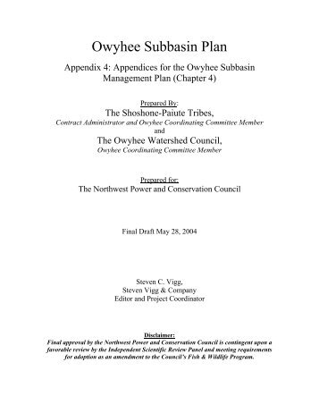 Owyhee Subbasin Plan - Northwest Power & Conservation Council