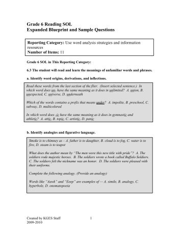 Grade 6 Reading SOL Expanded Blueprint and Sample Questions